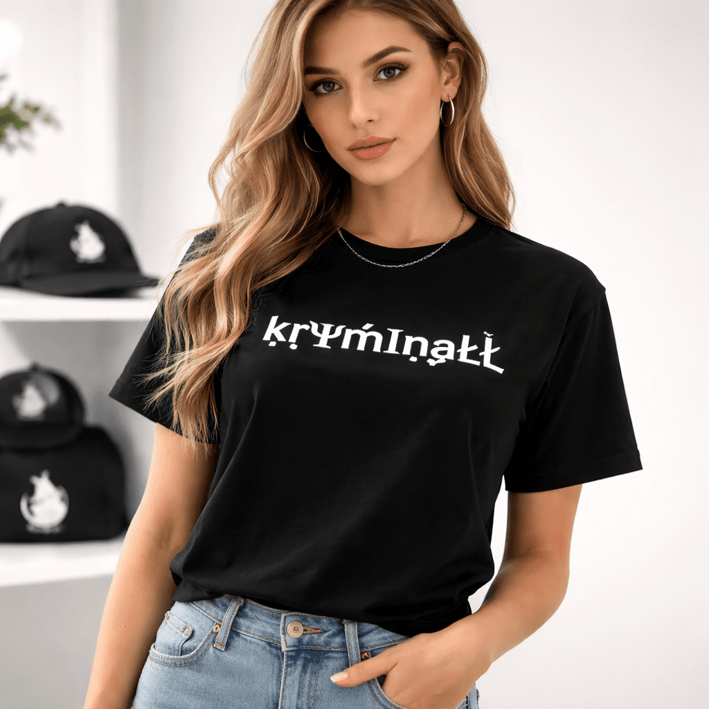 model wearing black shirt with white font in Kryminall Shop